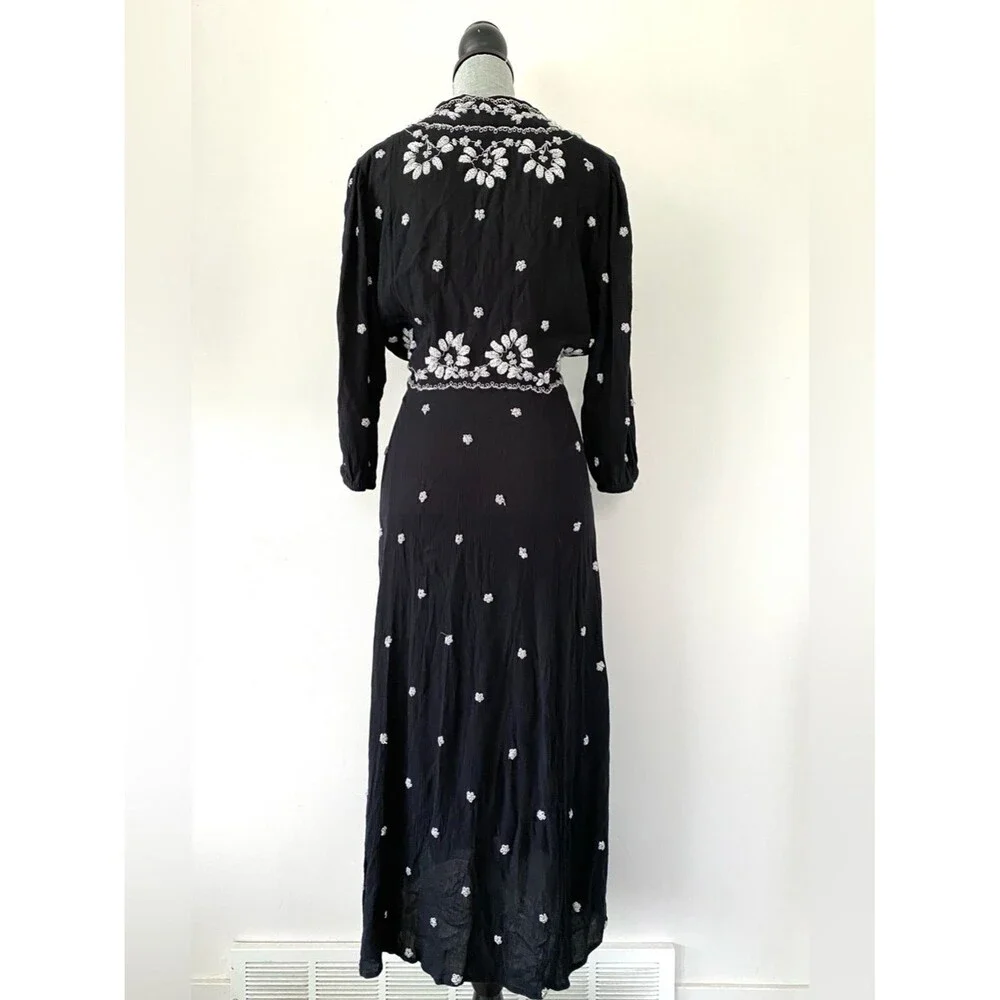 Free People Fable Embroidered V-Neck Midi Dress Sz M Boho Cottagecore Romantic